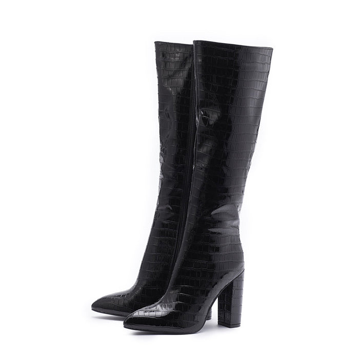 Fashion Boots Winter Pointed Toe High Square Heel Shoes With Side Zipper Mid-calf Boots Women