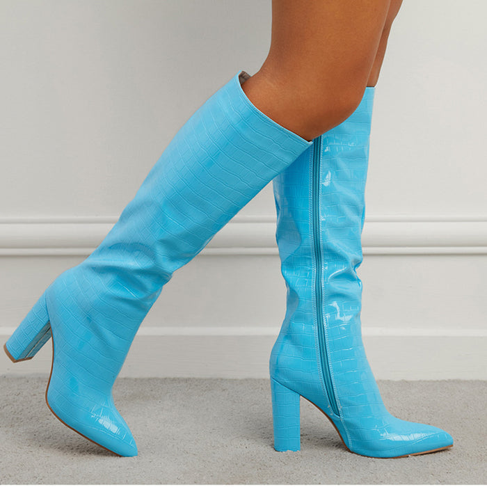 Fashion Boots Winter Pointed Toe High Square Heel Shoes With Side Zipper Mid-calf Boots Women