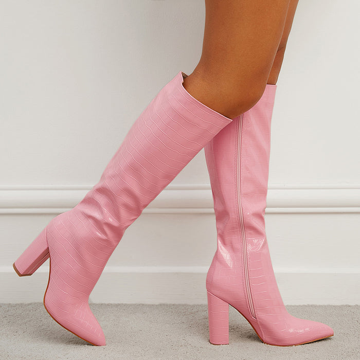 Fashion Boots Winter Pointed Toe High Square Heel Shoes With Side Zipper Mid-calf Boots Women