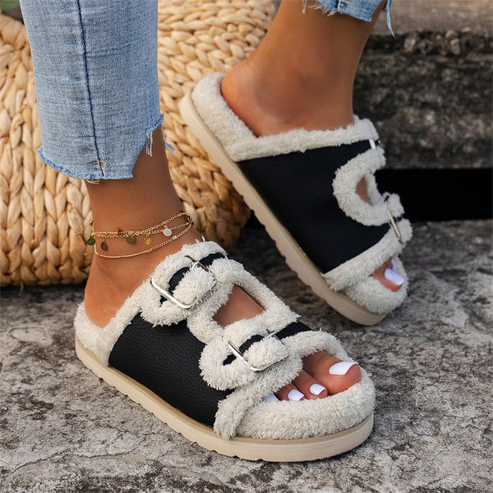 Autumn Winter Slipper Thick Sole Buckle Lamb Swool Slippers For Women Outdoor Gardern Indoor Lazy Plush Shoes